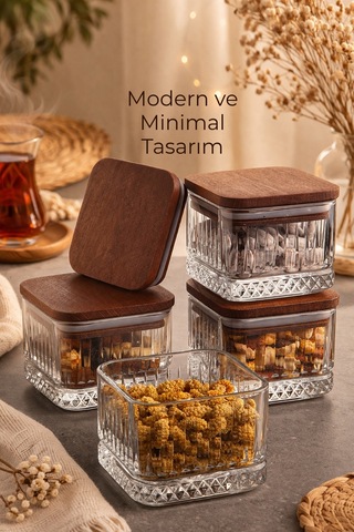 El Yapımı Cam, 4'lü Set Kare, Kahvaltılık Ve Çerezlik Kayın