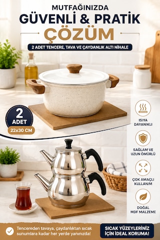 2 Adet Tencere Tava Çaydanlık Altı Nihale 22x30 Cm Mdf Sıcak Altlığı Mutfak Tezgah Koruyucu Açık Kahverengi