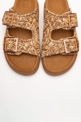 Luvishoes Luvi Shoes Mılana Taba Desenli Hakiki Deri Tokalı Çift Bantlı Kadın Terlik Taba