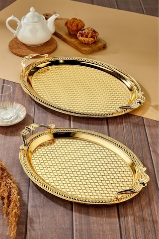 Cooker 2'li Özel Lüx Oval Paslanmaz Çelik Tepsi Büyük: 44 Cm Küçük : 37 Cm Sarı