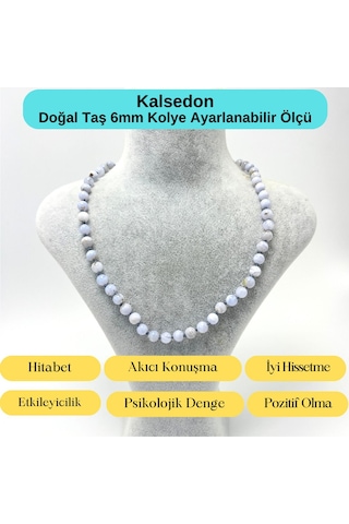 Yıldız Doğal Taş Kalsedon Doğal Taş 6 MM Makrome Kolye 45 CM - 55 CM Ayarlanabilir Mavi