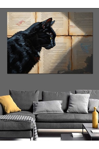 Kitap Sayfalarında Yürüyen Siyah Kedi Dekoratif Kanvas - Mdf Ahşap Tablo