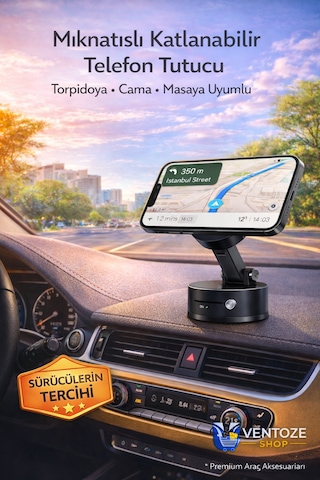 Katlanabilir Mıknatıslı Araç Telefon Tutucu Torpido Ve Cam Uyumlu 360 Derece Hareketli Akrilik Siyah