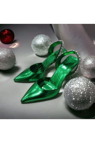 Tarzbu Lks İnce Topuklu Taşlı Parlak Yeşil Renk Abiye Ayakkabı