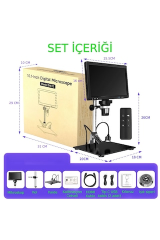 Ece Opto-edu Dijital Mikroskop Tamirci Mikroskobu 10.1" Ips Lcd Hd Ekran Hdmı Ve Usb Bağlantısı 2000x Büyütme 20mp Kamera Şarjlı Tam Set