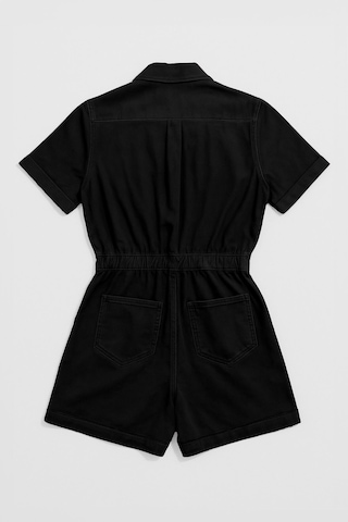 Kadın Kısa Kollu Fermuarlı Beli Lastikli Jean Tulum Şort Siyah