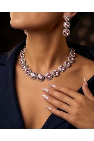Riviere Kristal Taşlı Çiçek Model Pembe Renkli Kolye Küpe Set