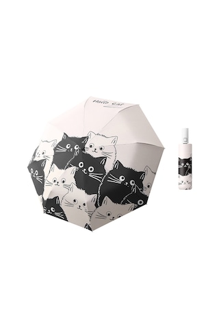 Siyah Beyaz Kedi Desenli Katlanır Şemsiye, Yağmur Geçirmez Güneş Koruması Uv Koruması Seyahat Şemsiyesi Kedi Desenli Otomatik Şemsiye Diğer