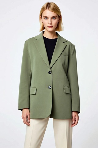Benerly Kadın Ceket Yaka Uzun Kol Oversize Kalıp Dokuma Blazer Fonksiyone Açık Haki