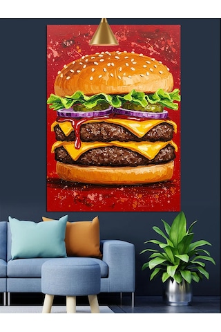 Katmanlı Dev Bir Cheeseburger Yemeği Dekoratif Kanvas - Mdf Ahşap Tablo