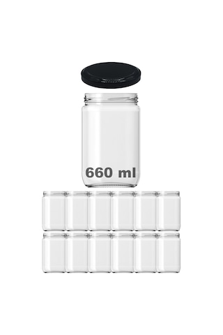 Afracam 660 Ml Metal Kapaklı Şeffaf Cam Kavanoz 12 Adet Siyah