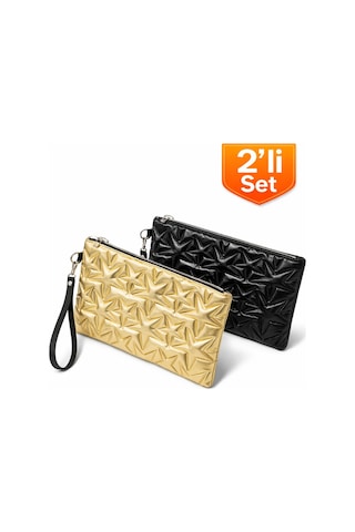 Adelina Bags 2'li Çanta Paketi Yıldız Desenli Portföy El Çantası Bilek Askılı Clutch Çanta Gold