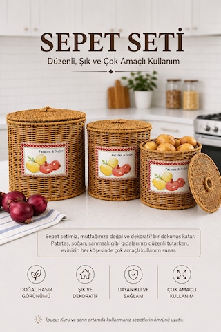 3'lü Hasır Kapaklı Patates Soğan Sepeti Seti Rattan Görünümlü Çok Amaçlı Mutfak Sepeti Diğer