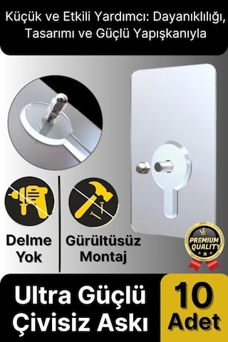 Süper Sağlam İz Bırakmaz Çerçeve Tablo Banyo Mutfak Ultra Güçlü Yapışkanlı Çivisiz Askı 10 Adet Çok Renkli
