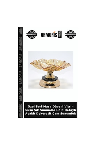 Özel Seri Masa Düzeni Vitrin Süsü Şık Sunumlar Gold Detaylı Ayaklı Dekoratif Cam Sunumluk