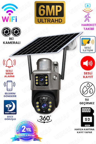Wifi 3 Kameralı Solar Panelli İkaz Lambalı Gece Görüşlü Güvenlik Kamerası