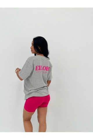 Ellore T-shirt - Gri Baskılı Oversize Bisiklet Yaka Kısa Kol Tişört Gri