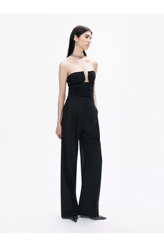 Nocturne Minimalist Yüksek Bel Geniş Paça Midi Kadın Pantolon - Günlük & Ofis Siyah
