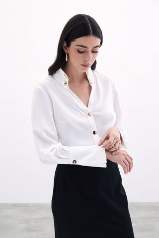Sateen Çıt Çıt Detaylı Gömlek - Ekru-135828 Ekru