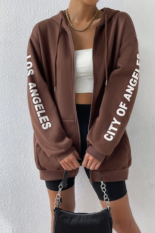 Modagen Kadın Kahverengi Kol Los Angeles Baskılı Detaylı Kapüşonlu Hırka Kahve