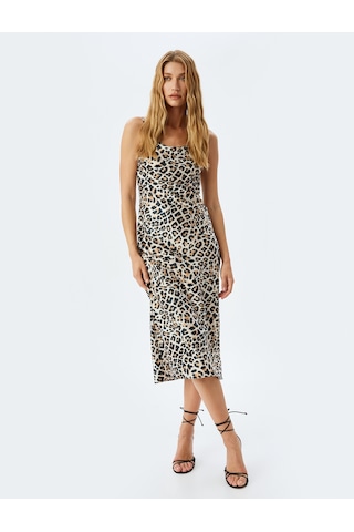 Koton Degaje Yaka Saten Leopar İp Askılı Midi Slip Elbise Bej Desenli 5sak80002fw Ekru Desenli Ekru