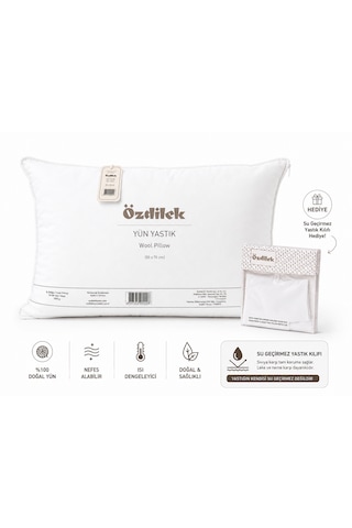 Özdilek %100 Doğal Yün Yastık 50x70 Cm Nefes Alan, Isı Dengeleyici Premium Uyku Yastığı + Su Geçirmez Yastık Kılıfı Hediyeli Krem