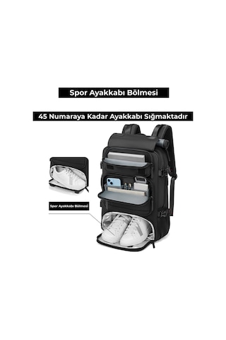 Ayakkabı Bölmeli Su Geçirmez Spor & Seyahat Sırt Çantası 30l 16 Laptop Bölmeli Siyah