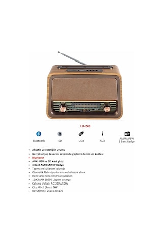 Leader LR-243 Radio,BT,USB,TF Retro Müzik Kutusu