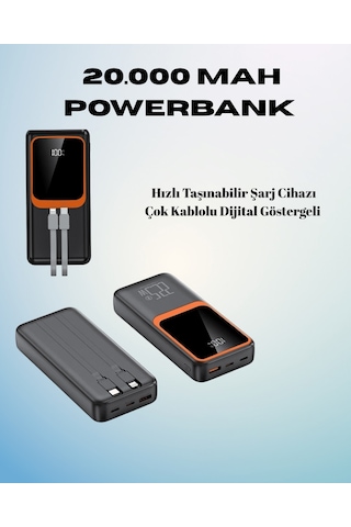 20000 Mah Powerbank Çok Kablolu, Dijital Göstergeli, Yüksek Hızlı Şarj Cihazı renkli
