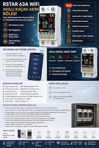 Rstar Wifi Akıllı Kaçak Akım Rölesi Tuya Uyumlu Voltaj Ve Akım Koruyucu Rstar-63lw