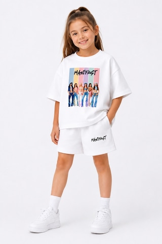 Fasardi Manifest Girls M6nifestgirls Baskılı Oversize %100 Pamuk Tişört Şort 2li Çocuk Takım Beyaz