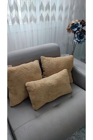 3- Lü Kare Takım Kırlent / Yastık 2 Kenar Hardal / 1 Orta Hardal