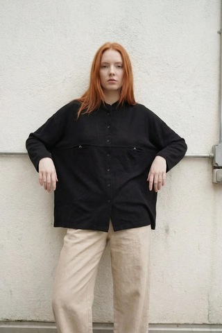 Hiccup My Fashıon Oversize Uzun Kollu Keten Karışımlı Gömlek Siyah