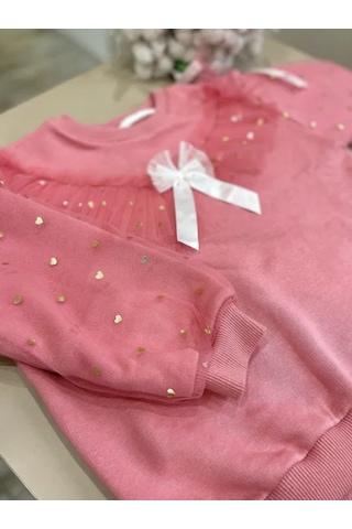 Kız Çocuk Fiyonk Kurdela Detay Organze Tül Kol Mini Kalpler Detaylı Sweatshirt 3 İplik Pudra Pembe Renk Pudra