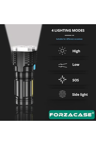 4 Ledli Şarj Edilebilir Çakarlı 4 Mod Outdoor El Feneri -fc954 Siyah