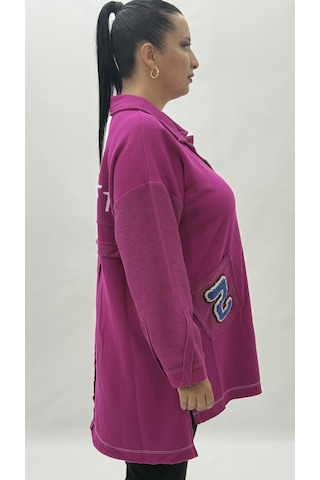 Büyük Beden Yakalı Cepli Sloganlı Uzun Kol Oversize Viskon Kadın Tunik Sweatshirt Pembe