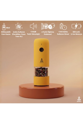 Pizen Windmill Usb Şarjlı Otomatik Baharat Öğütücü Led Işıklı Ayarlanabilir Tuz Karabiber Değirmeni Sarı