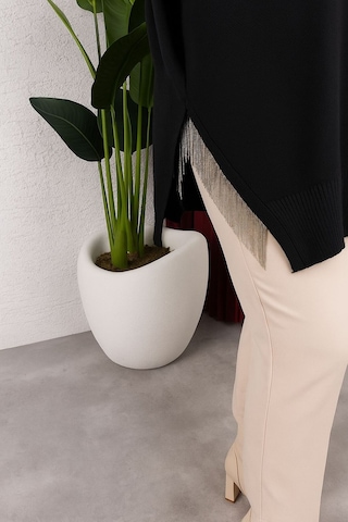 Hira Life Fashion Kadın Testtür Giyim Bisiklet Yaka Yırtmaçı Taşlı Ve Balon Kollu Oversize Şık Triko Tunik Siyah Siyah