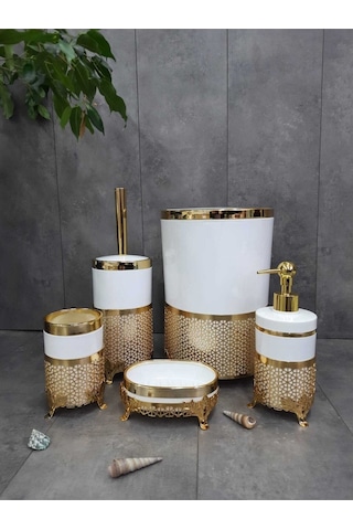 Avangard Krem Üzeri Gold Işlemeli 5'li Banyo Seti Krem