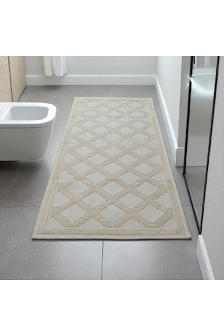 Pamuklu Kaymaz Taban Dikdörtgen Banyo Paspası 80x150 Cm, Pamuk Dokuma Banyo Halısı Krem