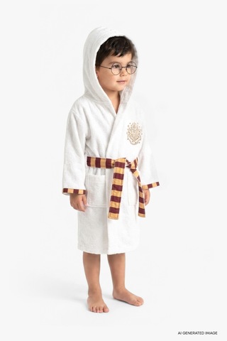 Puffy Harry Potter Gryffindor Kapüşonlu %100 Pamuk Çocuk Bornoz - Ekru Beyaz