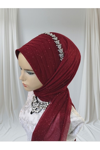 Aksesuarlı Bordo Tektek Model Hazır Duvak Hazır Şal Hazır Türban