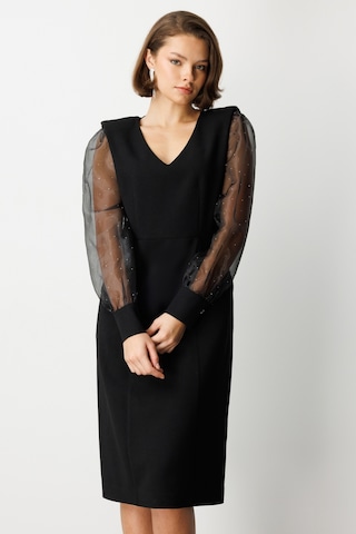 Ekol Kadın Kolları Taşlı V Yaka Midi Elbise 4025 Siyah Siyah