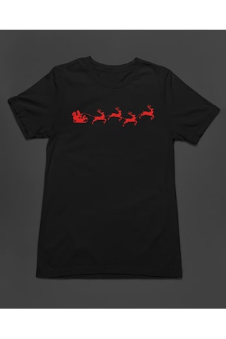 Bumeta Yılbaşı Santa Claus Geyik Silüet Noel Baba Baskılı Unisex Tişört T-shirt Siyah