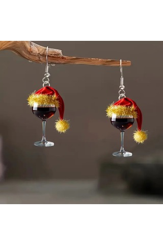 Kangvka Noel Şapka Ve Şarap Bardağı Figürlü Açıkartlı Küçük Küpe Altın Kenar - Noel Parti Ve Bayramluk Takı Gold