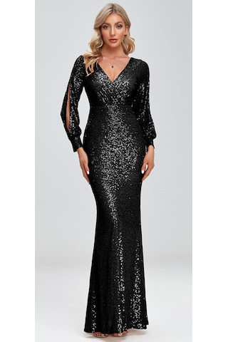 Hanife Glam Couture Hanife Glam Uzun Kollu Kruvaze Yaka Pullu Abiye Elbise Siyah
