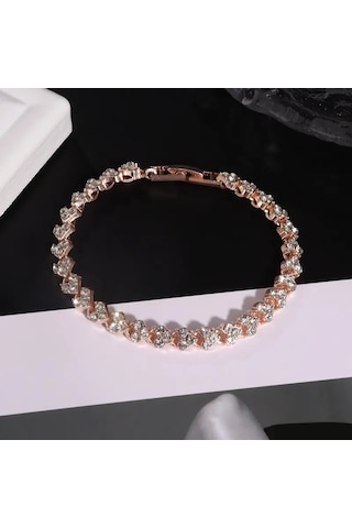 Rose Altın Kaplama, Aa01 Zirkon Taşlı Bileklik, Ahşap Kutu İçeris Altın - Kırmızı