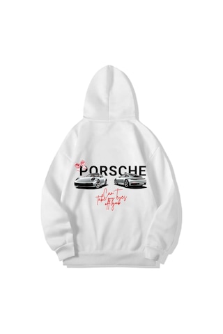 Brz Collection Unisex Oversize Porsche Can't Take My Eyes Off You Hoodie Beyaz