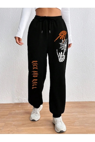 Halloween Skeleton Hand & Letter Graphic Drawstring Waist 4 Mevsim Eşofman Siyah