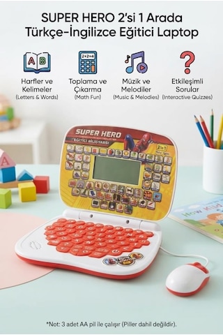 Super Hero 100 Fonksiyonlu 2'si 1 Arada Türkçe İngilizce Eğitici Bilgisayarım Ve Mouse